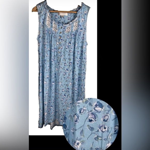 Eileen West Size Med. Blue Floral Sleeveless Short Nightgown Lawn Ballet Modal - Picture 1 of 11